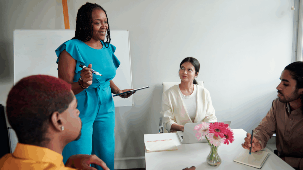 salesperson listening to client meeting in office